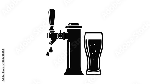 Black and white illustration of a beer tap pouring fresh lager into a tall glass cup for brewery and pub menu branding projects.