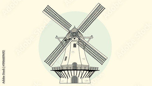 Traditional rural windmill illustration with detailed architectural lines on a light circle background for farming or dutch concepts.