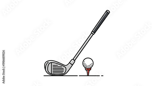 Simple icon of a golf club head next to a golf ball on a tee for sports clubs competition events and recreational leisure activities.