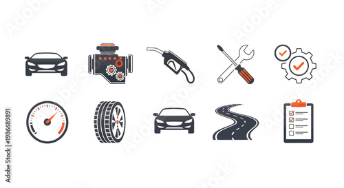 Set of professional automotive vector icons representing car maintenance services and essential transportation concepts for web design