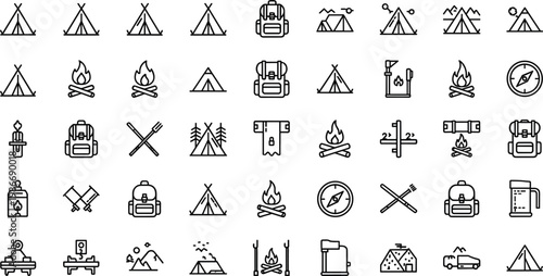 Camping and outdoor adventure line icon set featuring tent campfire backpack hiking minimal outline vector collection