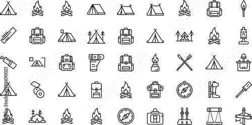 Camping and outdoor adventure line icon set featuring tent campfire hiking travel gear minimal outline vector collection