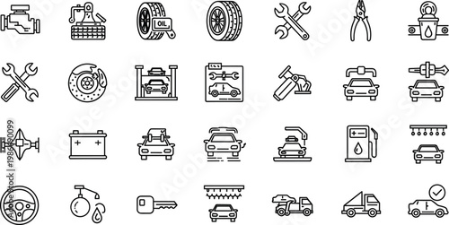 Car service and automotive repair line icon set featuring mechanic tools maintenance garage minimal outline vector collection