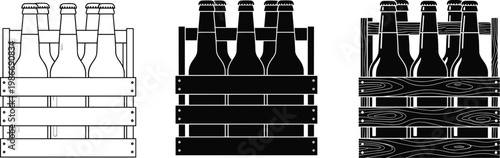 Beer Bottles Crate Vector Illustration Set with Wooden Box and Bottle Silhouettes Brewery Packaging Design