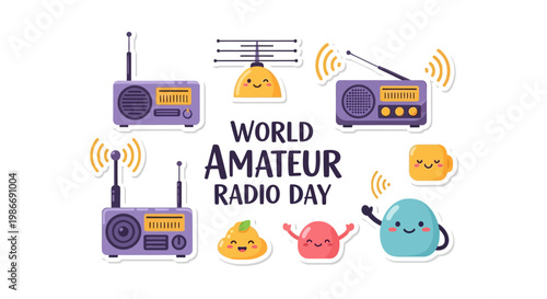 Vector illustration featuring various cute ham radios with antennas and smiling cartoon characters for World Amateur Radio Day, set against a clean white background that emphasizes