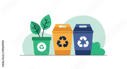 This vector graphic features three recycling bins in green, yellow, and blue, with a small plant sprouting from the green container.