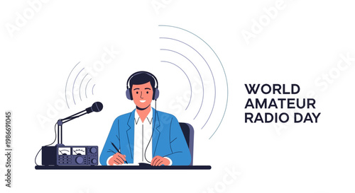 A stylized illustration celebrates World Amateur Radio Day with a male radio operator at his desk, using a microphone and antenna equipment to transmit a signal across a global network, set