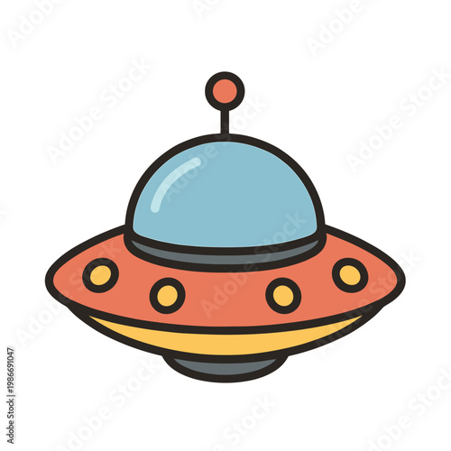 Cute Cartoon UFO Flying Saucer with Dome and Colorful Lights for Space and Fantasy