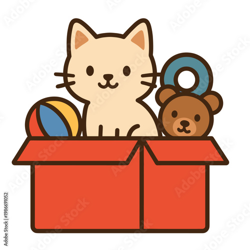 Cute Cartoon Cat Sitting in Red Box with Teddy Bear and Toy Ball for Pet and Childhood