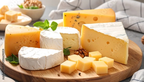 Assortment of gourmet cheese on wooden serving board, culinary delight