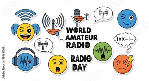 Conceptual vector graphic commemorating World Amateur Radio Day, displaying ham radio operator illustrations with antenna signal transmission, wireless communication, and global network