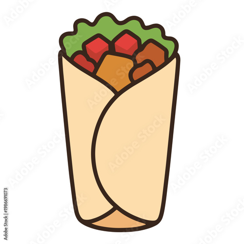 Cute Cartoon Burrito Wrap with Fresh Vegetable Filling and Tortilla for Food and Restaurant