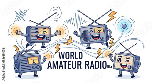 Playful vector art celebrating World Amateur Radio Day showcases four cartoon radios with smiling faces, radiating signals and antennas, set against a clean white backdrop