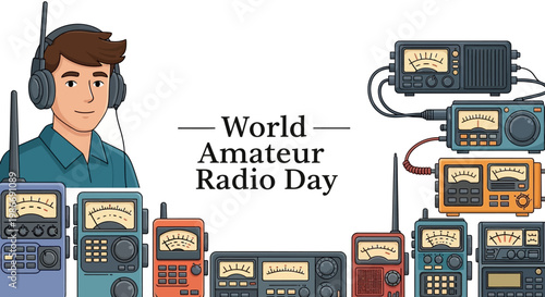 Vector illustration commemorating World Amateur Radio Day, depicting a male ham radio operator at his desk with various radio equipment, showcasing antenna signal transmission and global