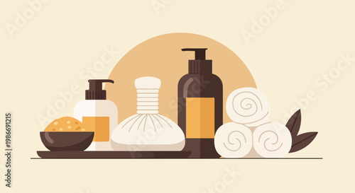 An elegant flat vector design showcasing essential spa products like oil dispensers, a herbal compress, and white rolled towels.