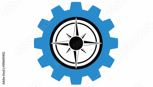 Gear icon with compass target design in blue and black for navigation and strategy applications featuring direction, planning, geolocation with map