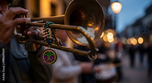 Mardi Gras Celebration Trumpet Player Brass Horn with Beads Fleur de Lis Ornament Bourbon Street Festivities New Orleans Charm