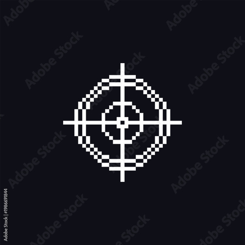 Retro pixel art crosshair icon in classic 8-bit style. Monochrome target and aiming symbol representing precision, targeting, and shooting mechanics. Ideal for shooter games, battle royale games, FPS 