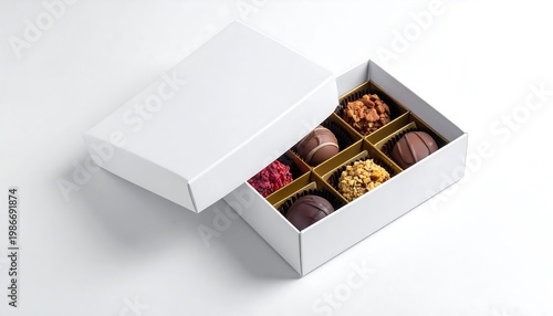 Assortment of gourmet chocolates presented inside white gift box