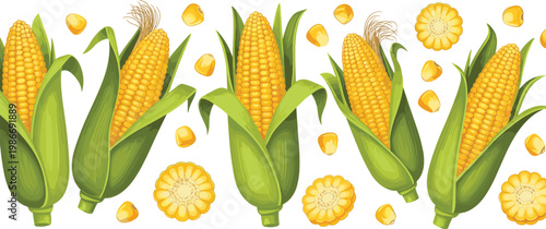 Corn Seamless Pattern Vector Illustration with Fresh Maize Cobs and Kernels Farm Vegetable Background