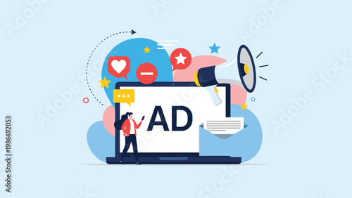 Social media advertising and brand influence concept showing a woman promoting a campaign with targeted social icons.