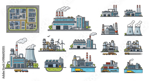 Collection of Industrial Factory and Plant Illustrations for Manufacturing.