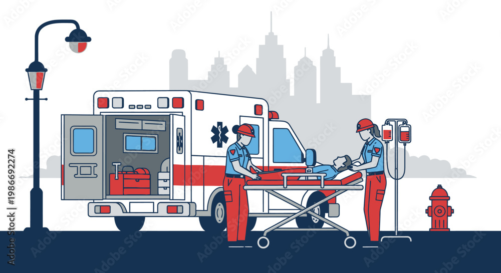 Fototapeta premium Emergency Medical Technicians Transporting Patient.