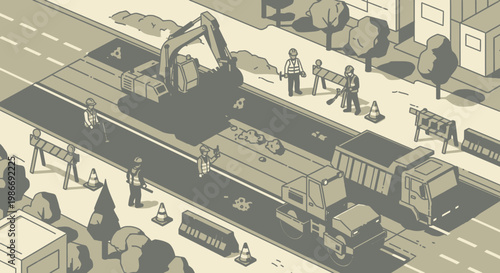 Construction workers operate heavy machinery.