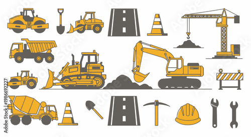 Construction vehicles and equipment icons.