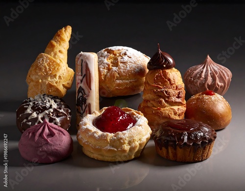 Assortment of gourmet pastries and desserts, studio shot with contrasting light