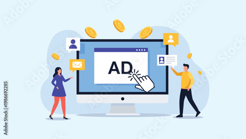 Pay per click advertising and online marketing strategy showing people interacting with an ad on a screen with falling coins.