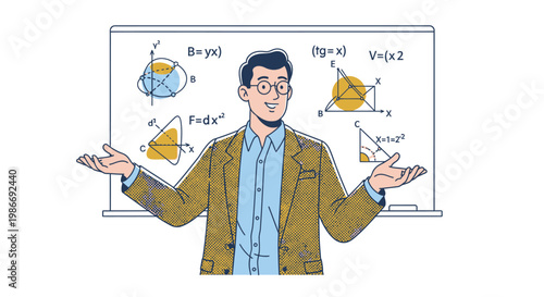 man explaining math concepts confidently standing.