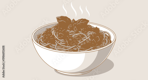 Steaming bowl of noodles with meat.