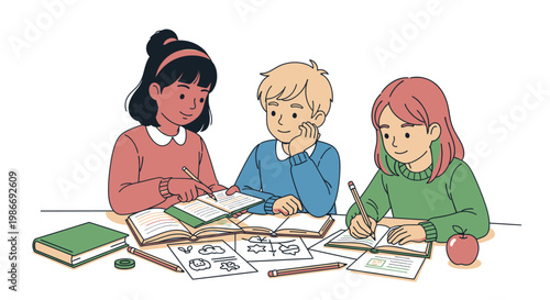 Three children drawing and coloring.
