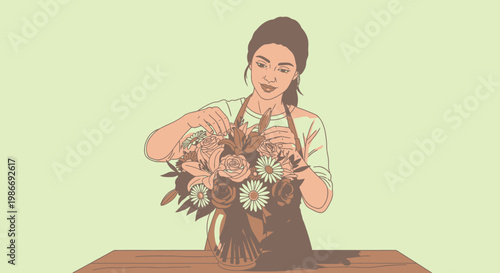 Woman arranging flowers in bouquet.