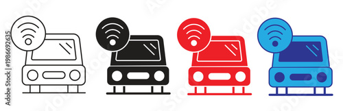 A set of stylized car icons featuring wifi signal symbols, representing concepts like connected vehicles, smart cars, and automotive technology in a clean graphic design.