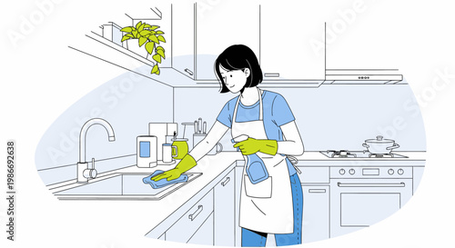 Woman Wearing Apron Cleaning Kitchen.