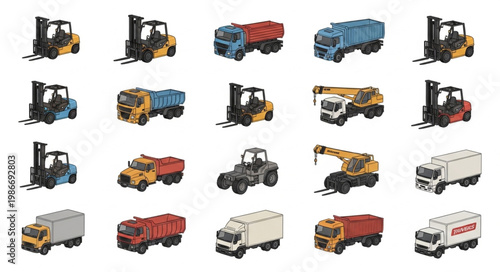 Collection of Miniature Construction and Transportation Vehicles.