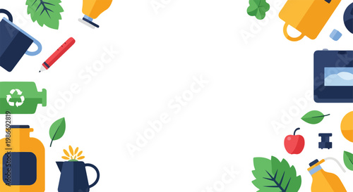 This flat vector graphic displays a diverse collection of everyday and sustainable objects framing a large central blank white area.