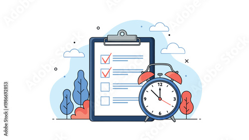 Time management and daily routine planning showing a checklist on a clipboard with a ringing alarm clock in a natural setting.