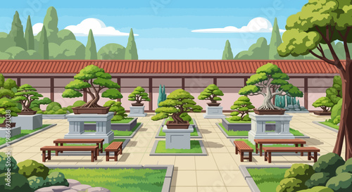 Bonsai trees in a traditional Japanese garden setting