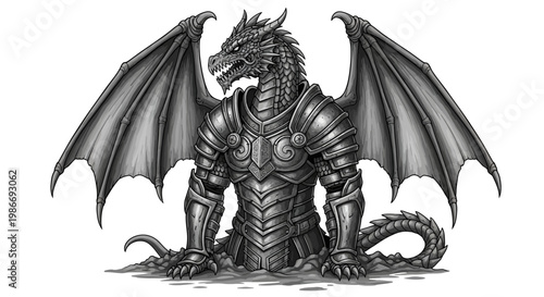 Fantasy dragon in armor illustration against white background