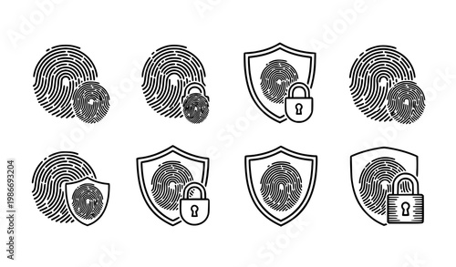 Fingerprint lock security icon set biometric protection vector illustration