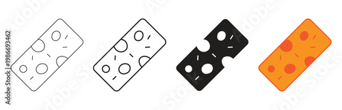 A set of four cheese icons in different styles including outline, simple fill, solid black with white holes, and orange with circles, perfect for food and dairy related designs.