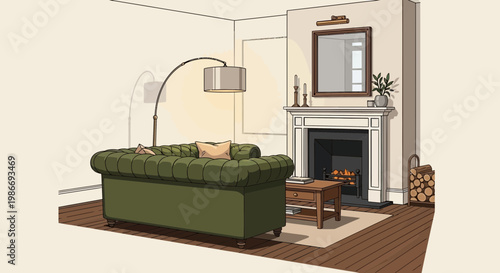 Green sofa in a living room.