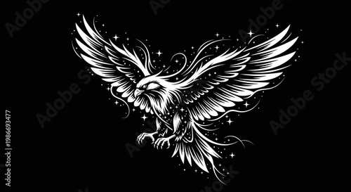 Elegant vector illustration of a majestic bird with spread wings on black