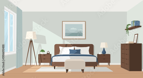 Brown Wooden Bed with White Comforter.