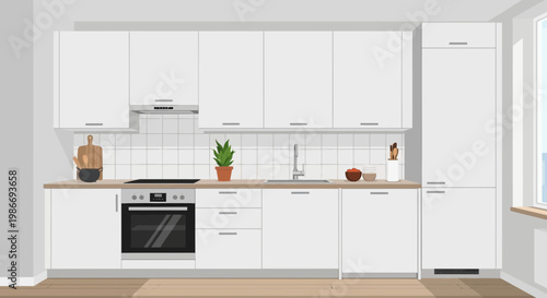 Modern white kitchen with cabinets.