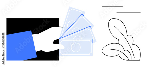 Finance, payment systems, cash flow, transactions, economy, financial services. A hand holding several money bills next to abstract shapes. Finance and payment systems concept