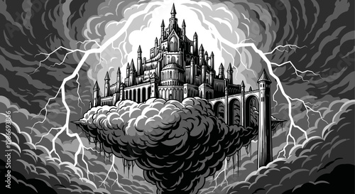 Fantasy castle floating above clouds with lightning in grayscale illustration